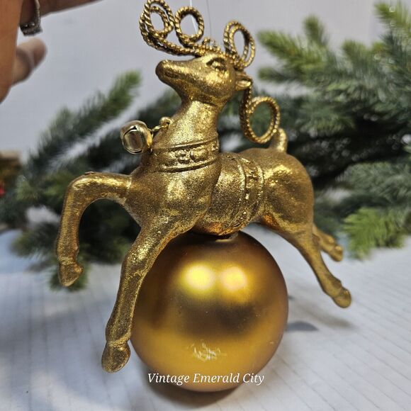 Vintage Golden Ready Reindeer On Glass Ball Christmas Tree Ornament W Bell 3d - Picture 2 of 14